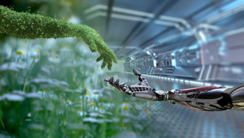 Green technology conceptual design, human arm covered with grass